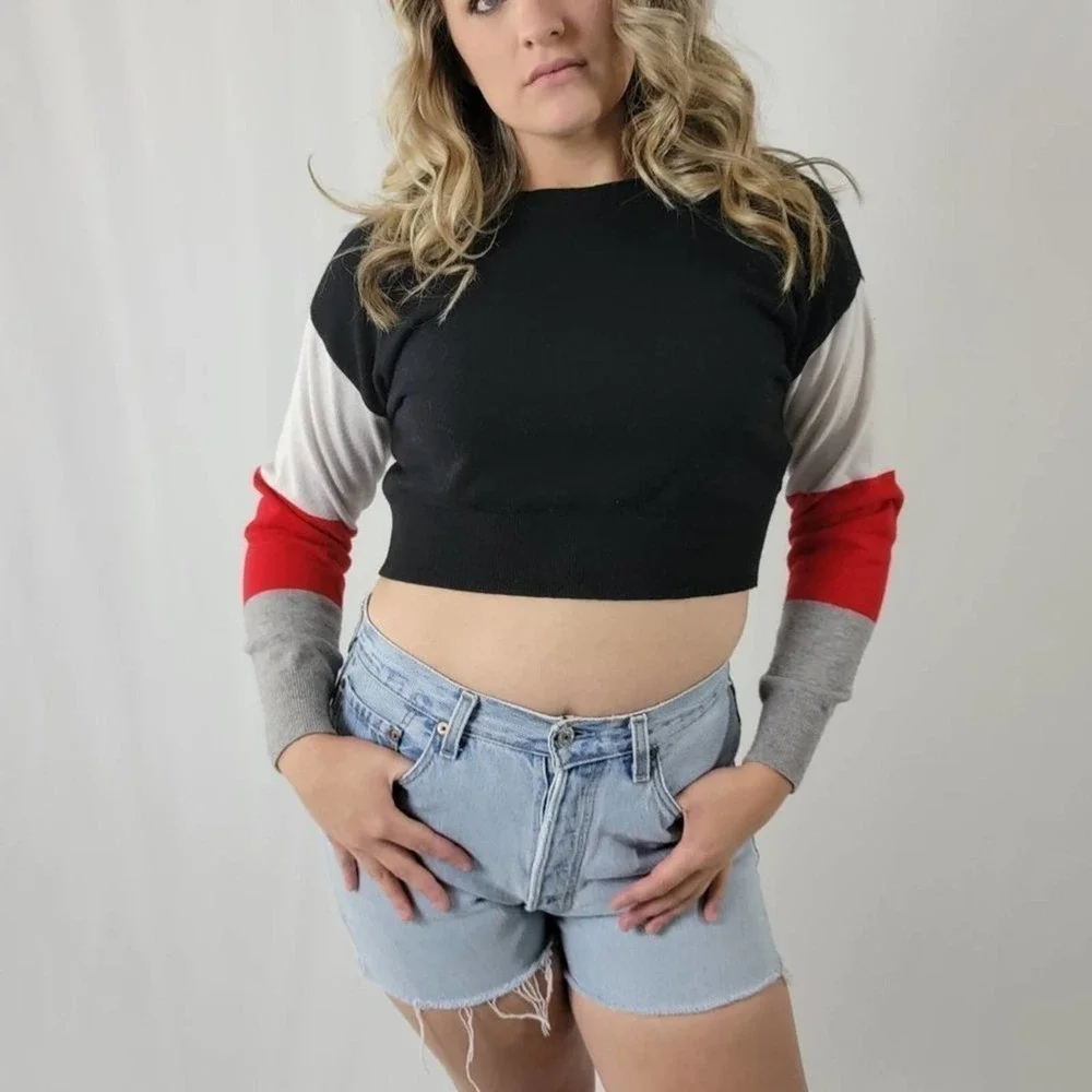 Striped Colorblock Crop Pullover Sweatshirt - S